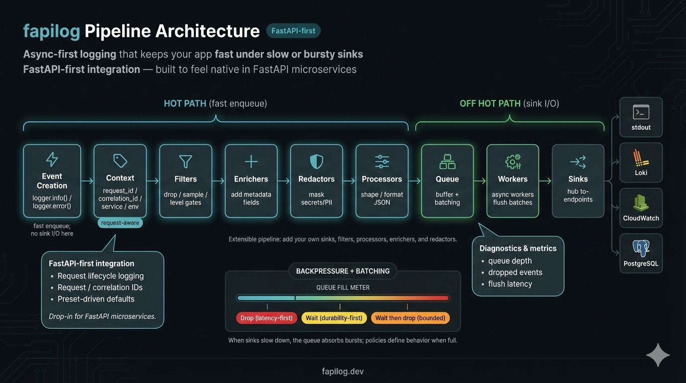 fapilog pipeline architecture diagram showing the hot path for fast enqueue and off hot path for sink I/O